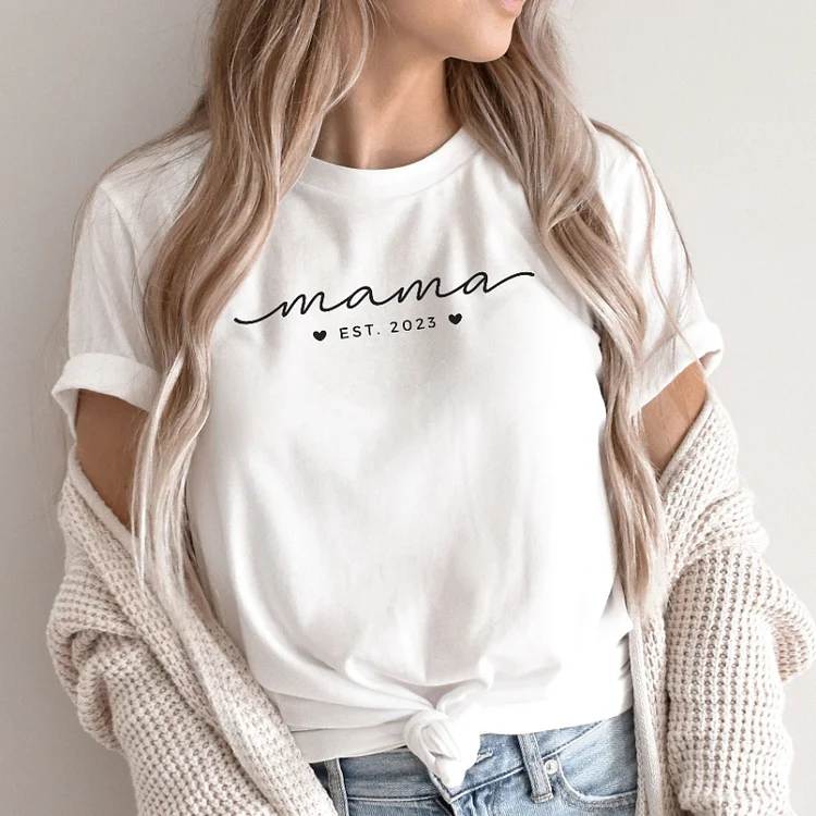 Personalized Mama Est Year T shirt,Custom Mama Tee with Children Names on Sleeve,Mothers Day Gift