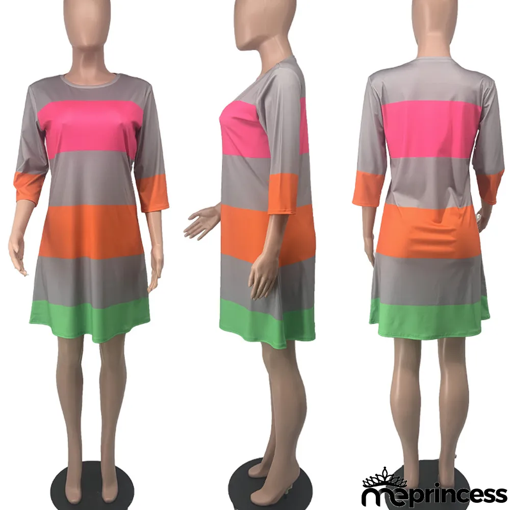 Casual Striped 3/4 Sleeve A-line Dress