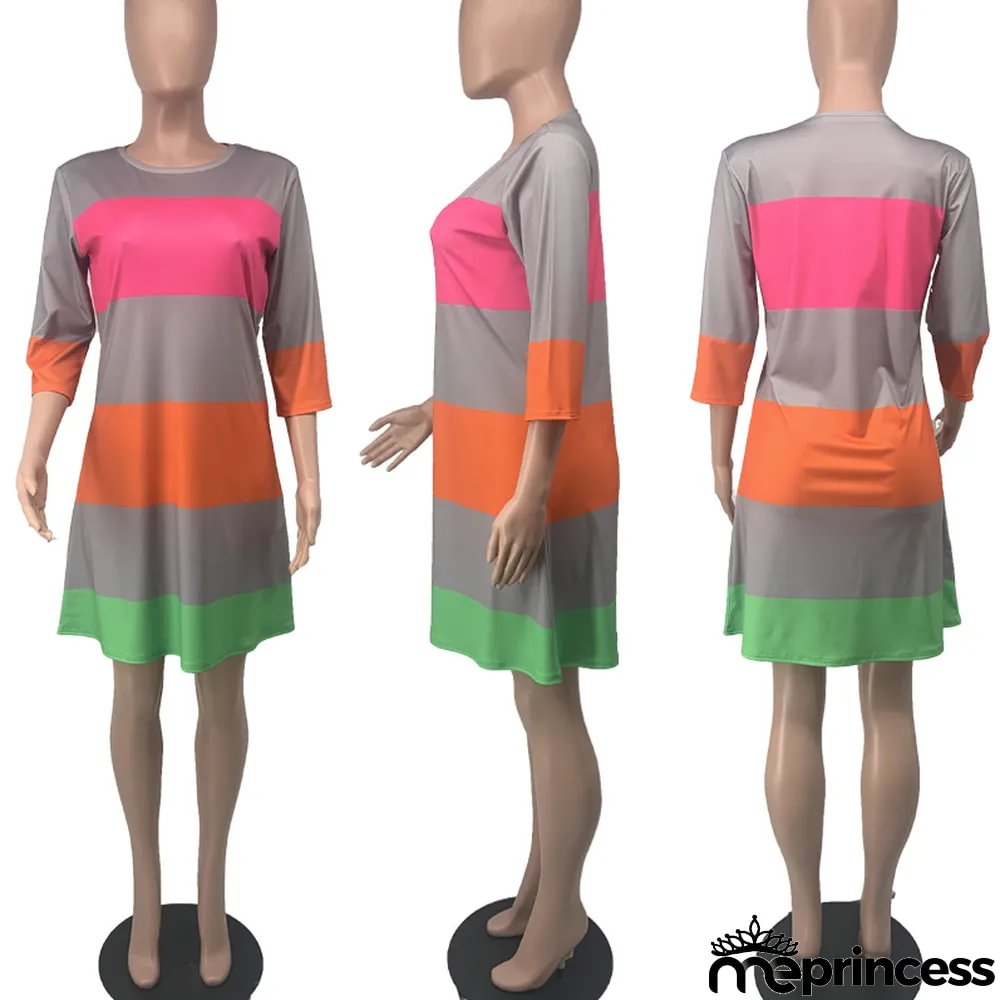 Casual Striped 3/4 Sleeve A-line Dress