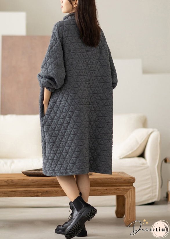Grey Warm Cotton A Line Dress Stand Collar Oversized Spring