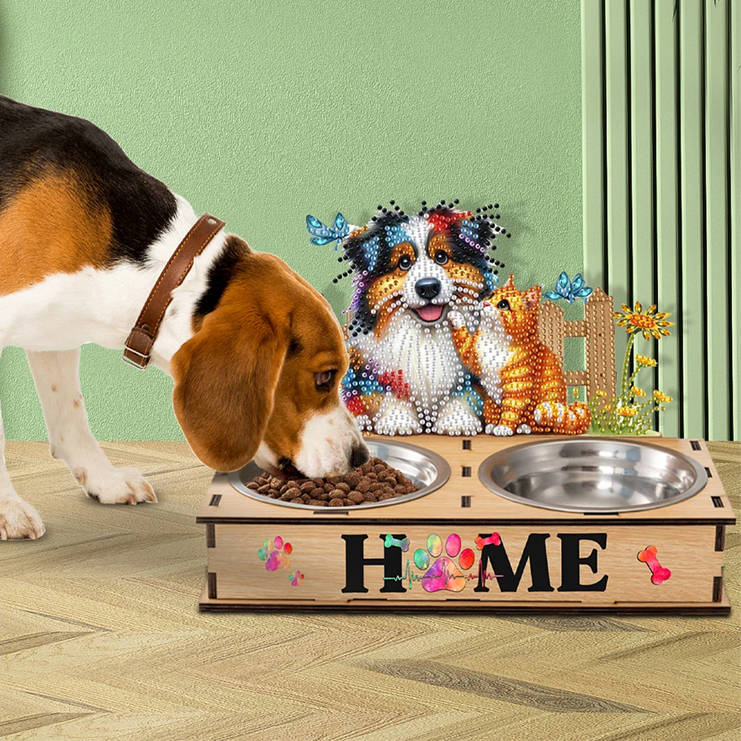 Diamond Painting Food Bowl with Wood Stand Diamond Art Dog Bowl for Small Dogs