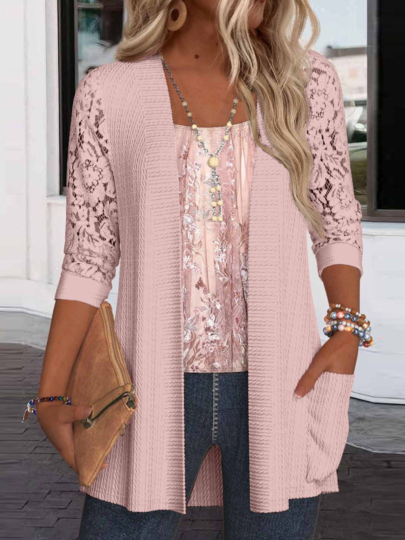 Women Long Sleeve Scoop Neck Floral Printed Printed Graphic Pockets Lace Two-Pieced Tops