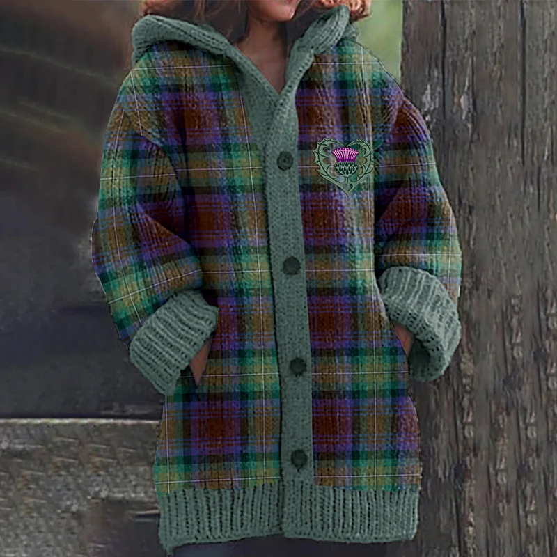 Vintage Scotland Plaid Thistle Embroidery Knit Hooded Sweater Cardigan