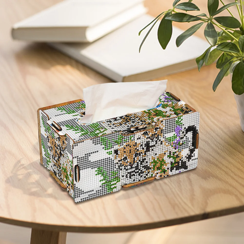 Leopard 5D DIY Diamond Painting Handmade Tissue Holder Wooden Tissue Box Craft
