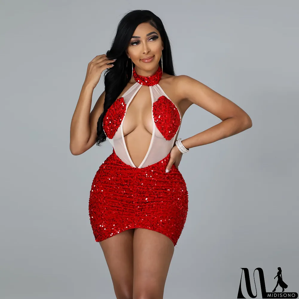 MidiSono - Hot Sale Hollow Fashion Sequin Sequin Halter Back Nightclub Dress