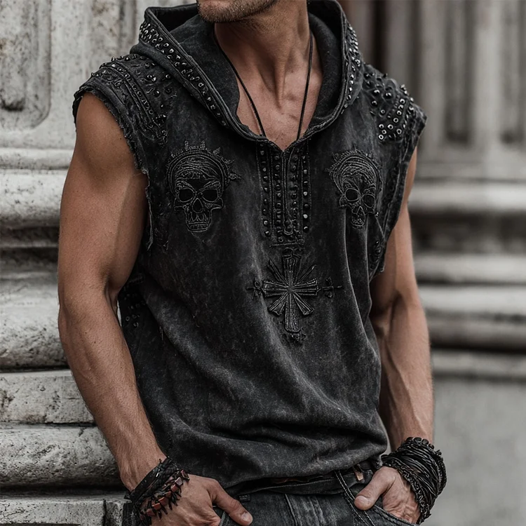 Men's Rock Style Skull Cross Studded Washed Hooded Tank Top