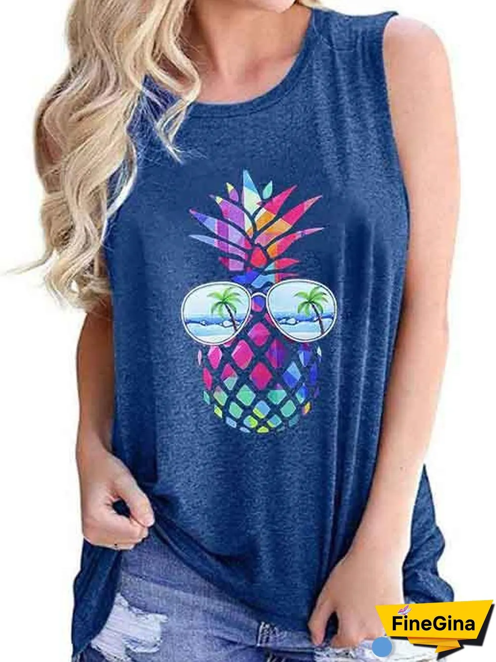 Women's Loose Sleeveless Round Neck Coloured Print T-shirt