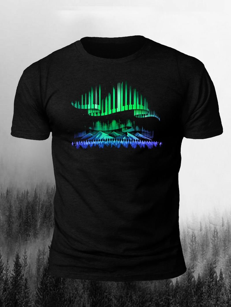 Men's Forest Aurora Piano Score Print Casual Short Sleeve T-shirt