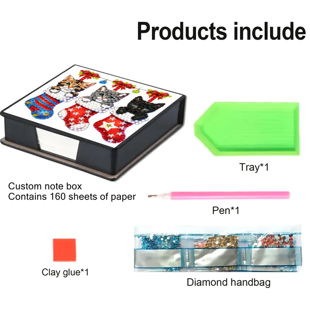 5D DIY PU Diamond Art Note Box with 160 Sheets Paper Mosaic Kit (Kitty Socks)