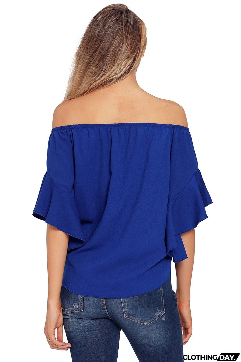 Blue Off The Shoulder Knot Front Blouse Top