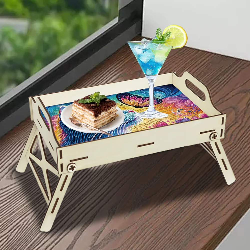 5D DIY Butterfly-Kitten Diamond Painting Serving Tray with Handle for Home Decor