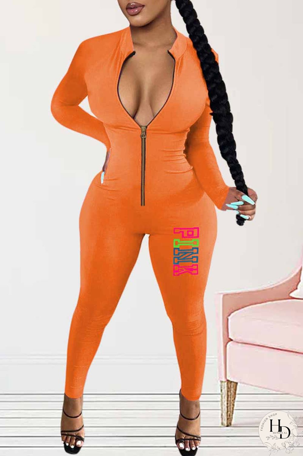 Orange Sportswear Print Letter Zipper Collar Jumpsuits