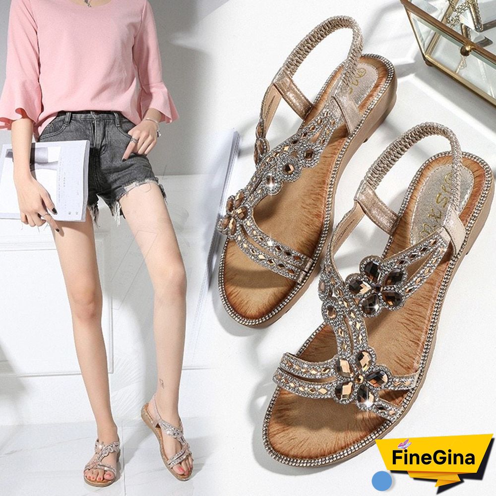 Women Bohemia Style Flats Sandals&nbsp;Bling Flower Crystal Beach Sandals Shoes