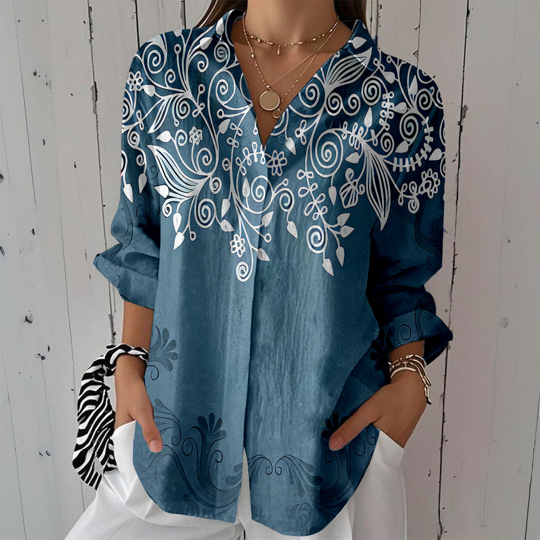 Women Long Sleeve V-neck Graphic Floral Printed Top