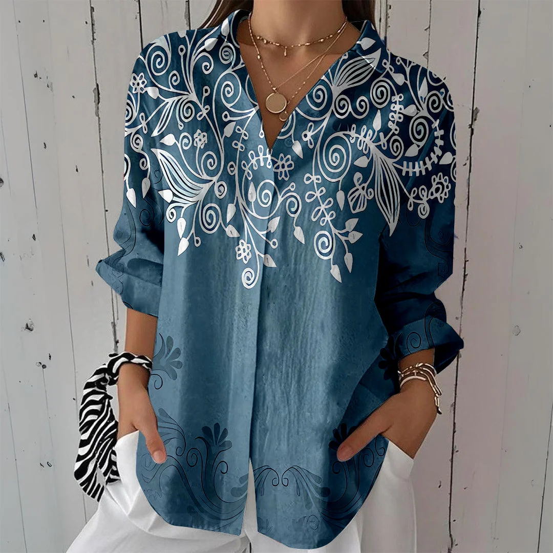 Style & Comfort for Mature Women Women Green, Flowers DZCL0458 3/4 Sleeve Shirt Collar Printed Button Tops