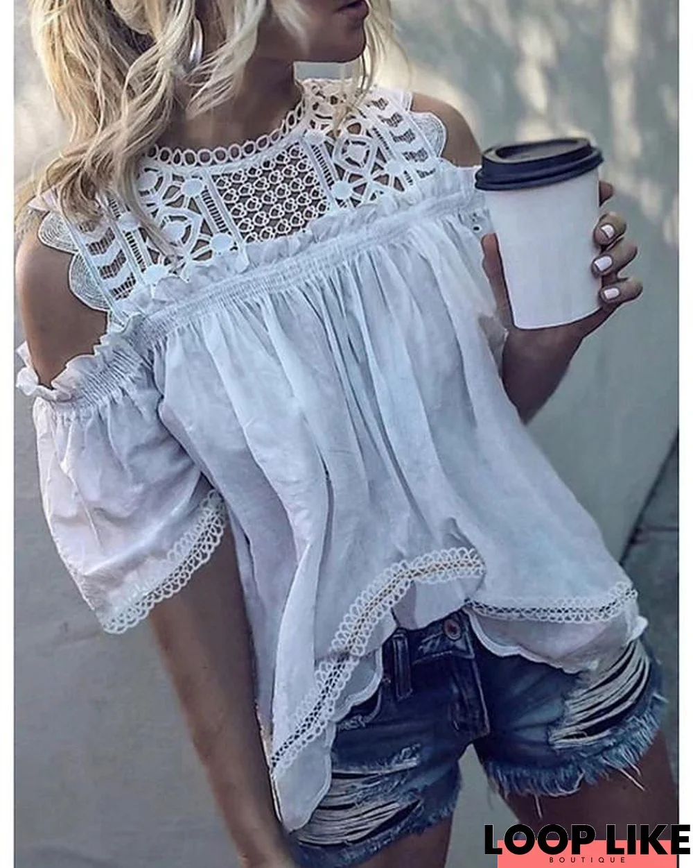Women's T-Shirt Solid Colored Lace Ruffle Round Neck Tops Basic Top White Orange Brown-0207829