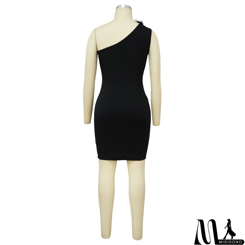 MidiSono - Ladies' Fashion Ribbed Feather Slash Shoulder Sleeveless Bodycon Dress