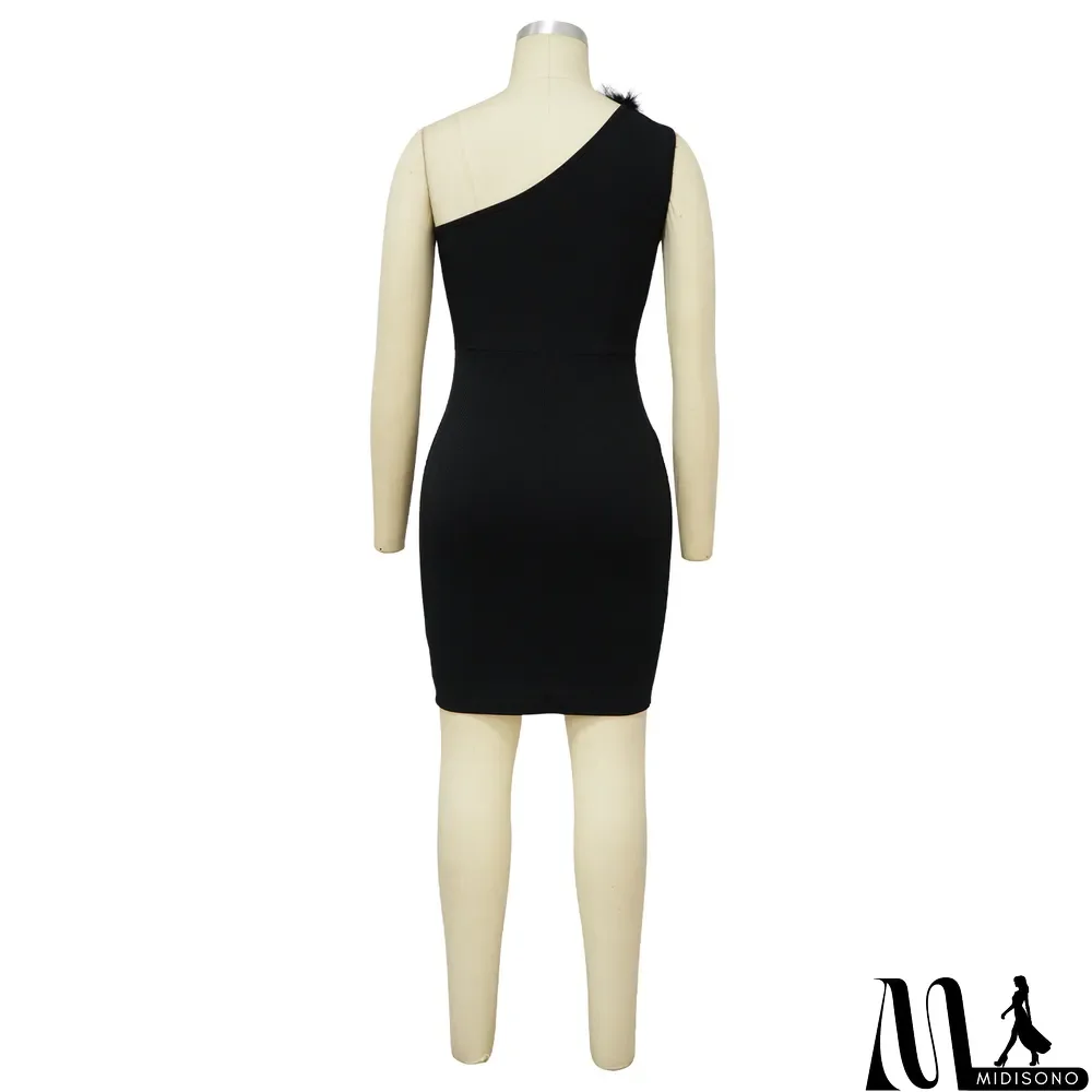 MidiSono - Ladies' Fashion Ribbed Feather Slash Shoulder Sleeveless Bodycon Dress