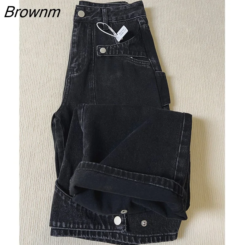 Brownm Women's Black Vintage Wide Leg Jeans Fashion Baggy High Waist Cargo Pants High Street Mopping Denim Trouser 2023 Autumn Ladies