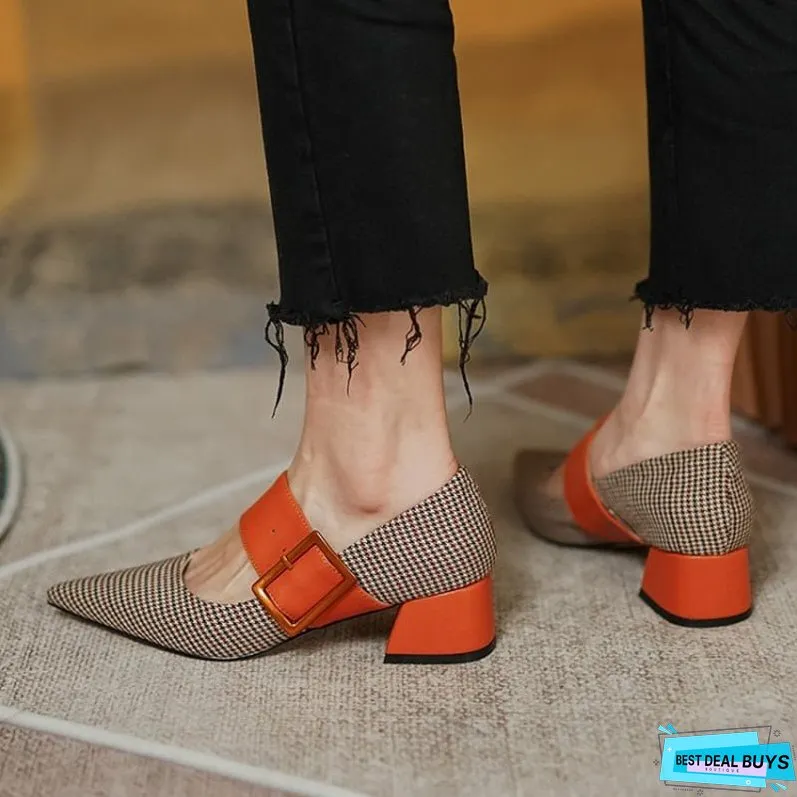 New Spring Autumn Shoes Women Pointed Toe Chunky Heel Fabric High Pumps Mixed Color Square