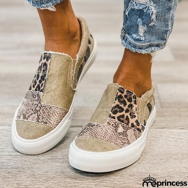 Lydiashoes Pieced Raw Edge Animal Print Canvas Slip-On Flats