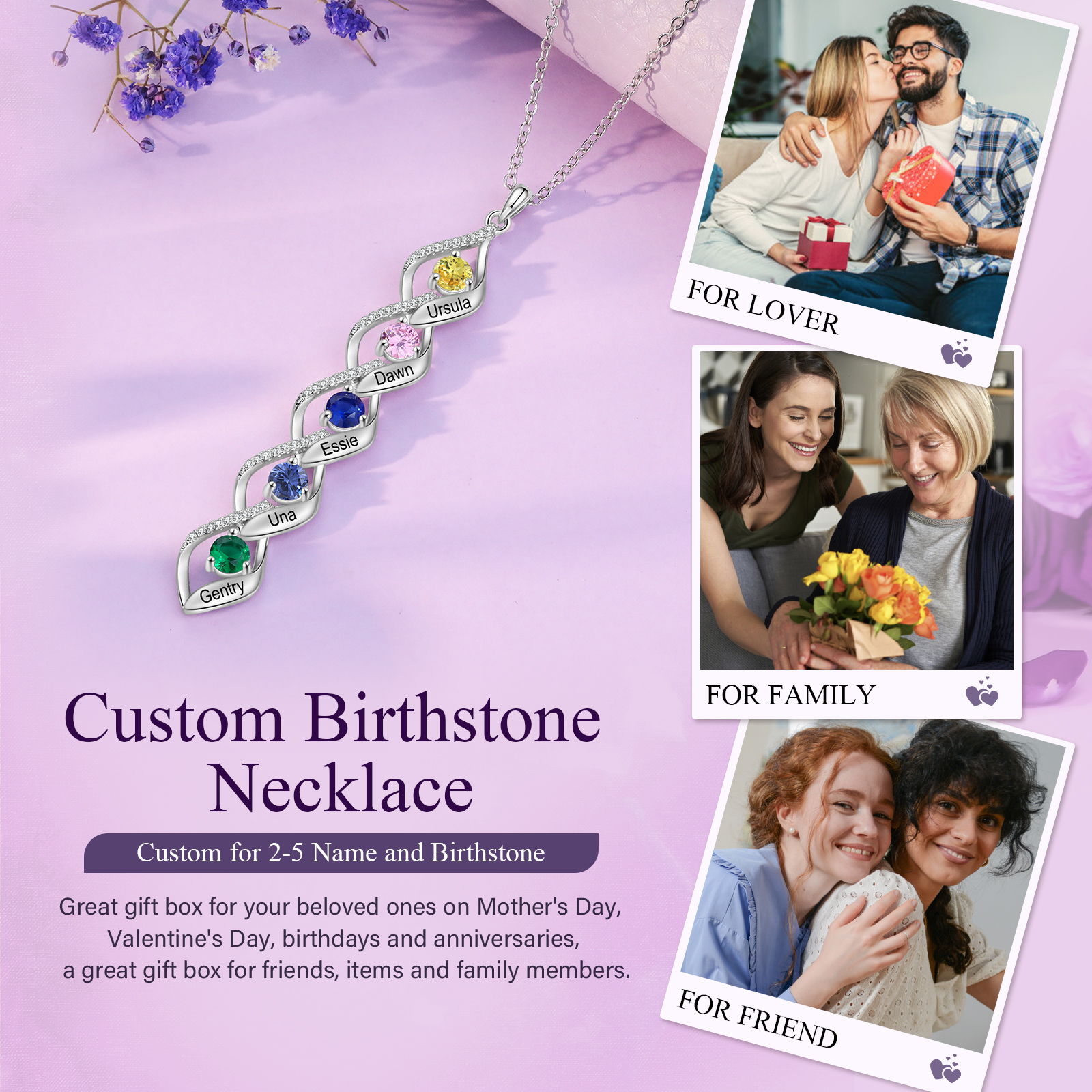 5 Names - Personalised Pendant Necklace Custom Birthstones & Names Necklace Birthday Gift for Her-Jessemade AU