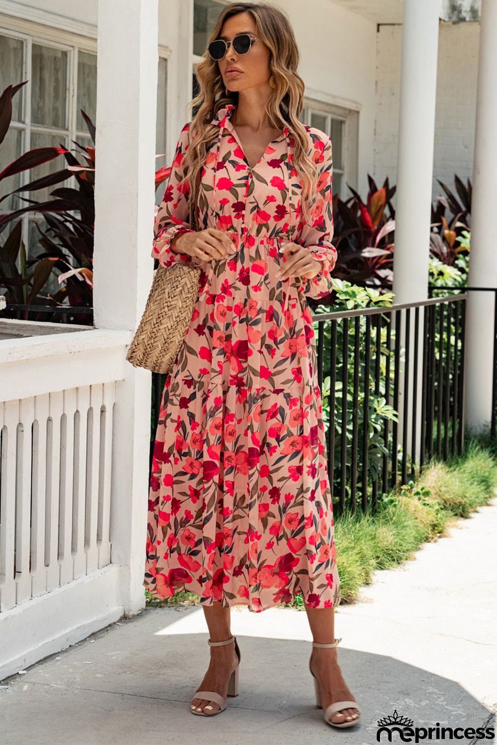 Long Sleeve Red Maxi Floral Dress