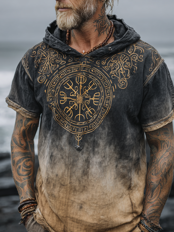 Men's Viking Inspired Golden Gradient Rune Short Sleeve Hoodie / Rvogue / Rvogue