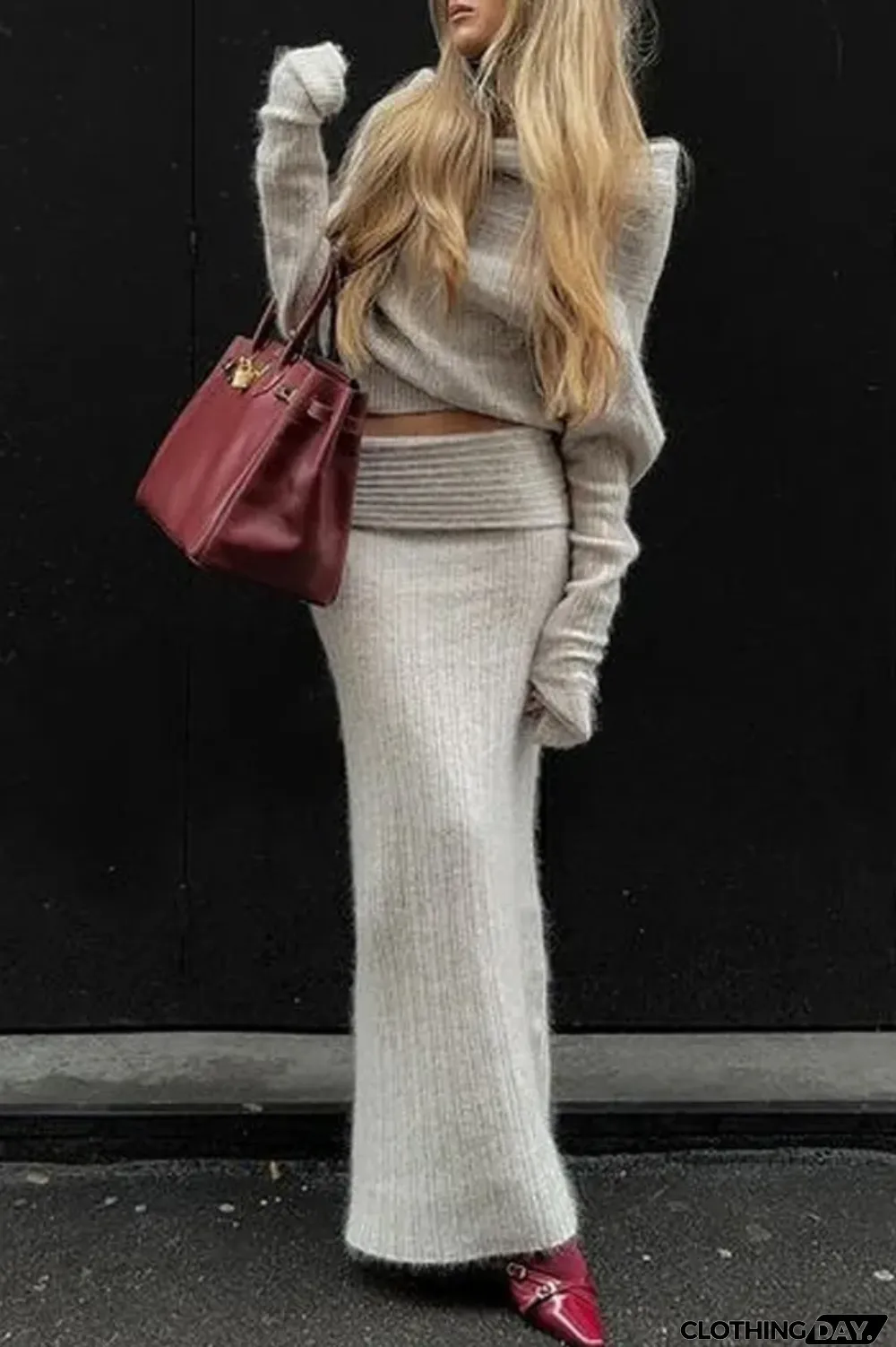 Solid Color One-shoulder Sweater & Skirt Two-piece Set