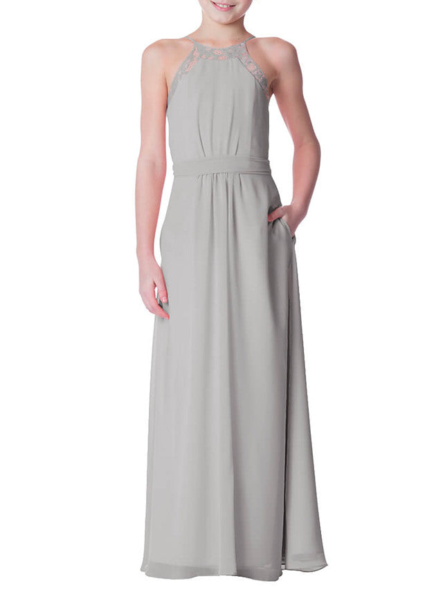 Oknass A-Line Crew Neck Floor Length Chiffon Junior Flower girl Dress With Bandage