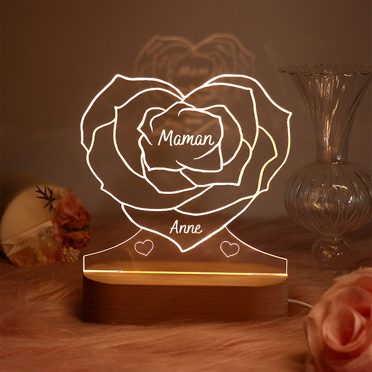 Lampe de chevet LED Rose 1 prénoms personnalisée avec texte Jessemade FR