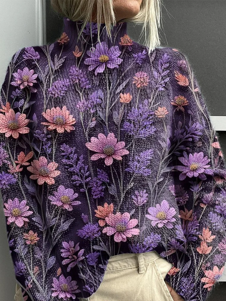 Wild Lavender And Gerbera Floral Pattern Printed Knit Turtleneck Pullover Sweater