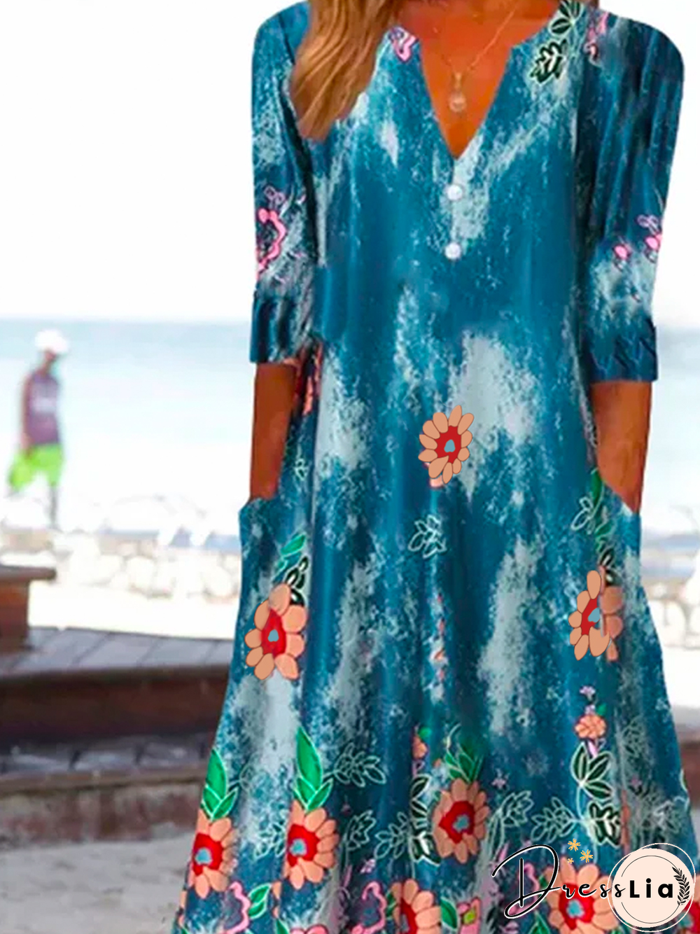 Casual Floral V Neck Short Sleeve Woven Dress