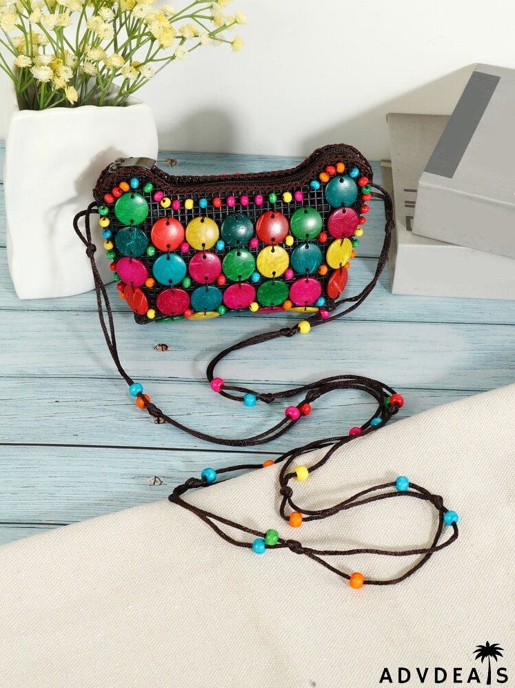 Beaded Detail Coconut Shell Colorblock Square Bag