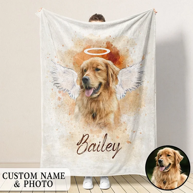 Personalized Pet Memorial Photo Blanket, Pet Loss Gifts, Angel Dog With Wings Blanket[personalized name blankets][custom name blankets]