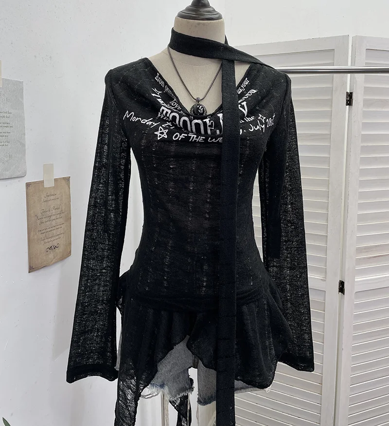 Nigikala Nigikala Shooting Retro Irregularly Hollow Knitted Jersey Dress Girl With Hottie Word Shoulder Collar Blouse 8101