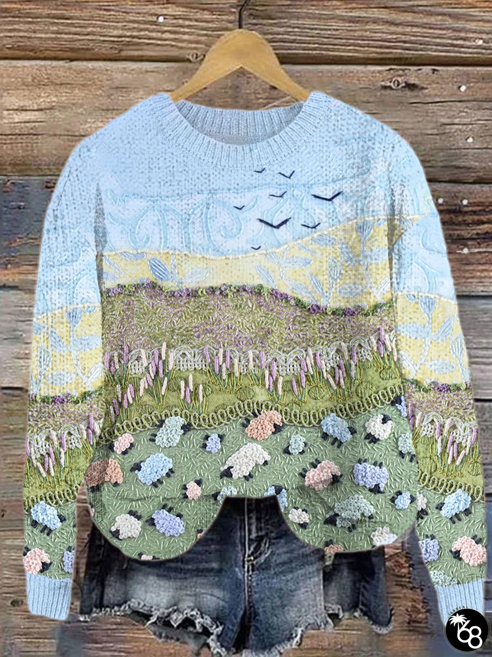 Sheep & Landscape Art Painting Casual Cozy Knit Sweater | 168DEAL