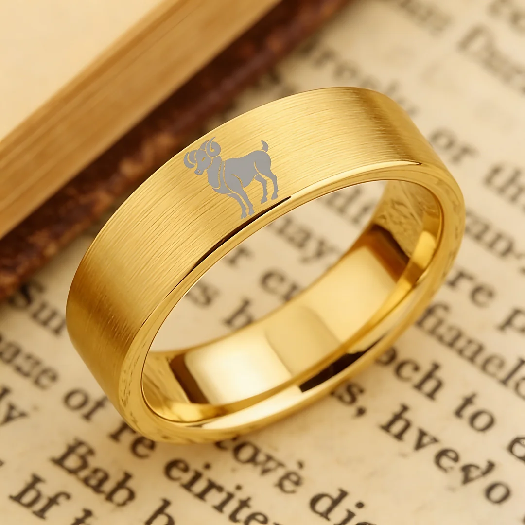 Flat Aries Tungsten Wedding Bands Tungsten Ring Gold Comfort fit for Women or Men 4MM 6MM 8MM Width