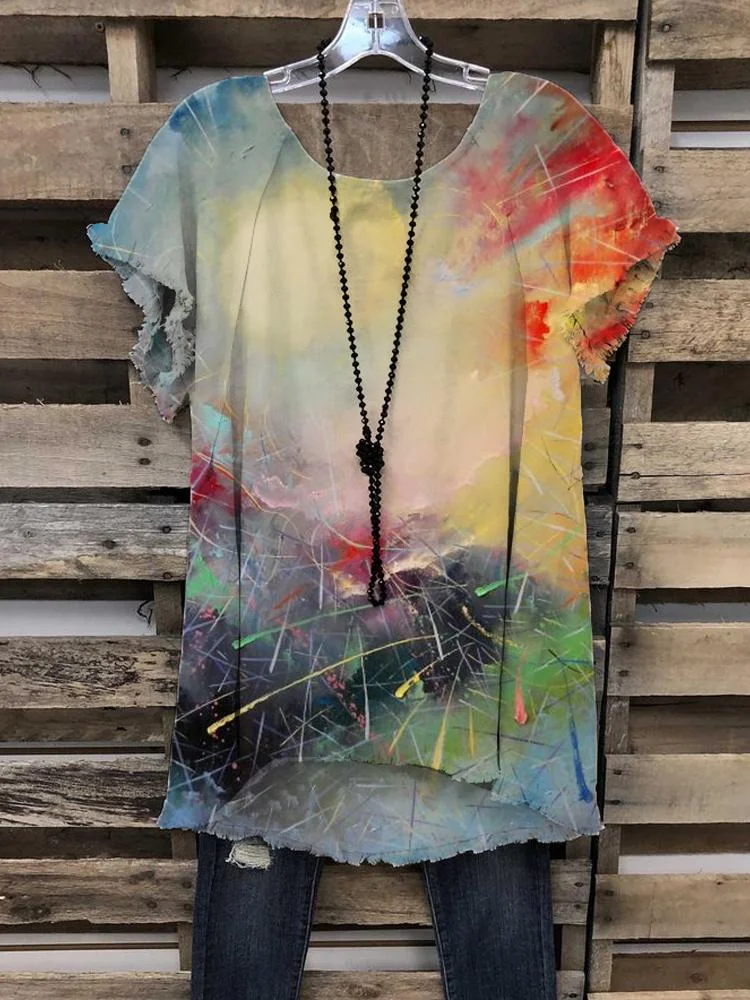 Women's Colorful Casual Art Print Short-sleeved Round Neck T-shirt