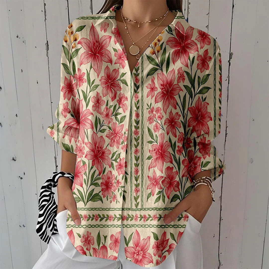 Style & Comfort for Mature Women Women Tropical, Floral, Green, Pink DZCL0078 3/4 Sleeve Shirt Collar Printed Button Tops