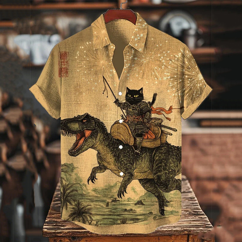 Men's Tyrannosaurus Black Cat Warrior Under The Fireworks Art Print Short Sleeve Shirt