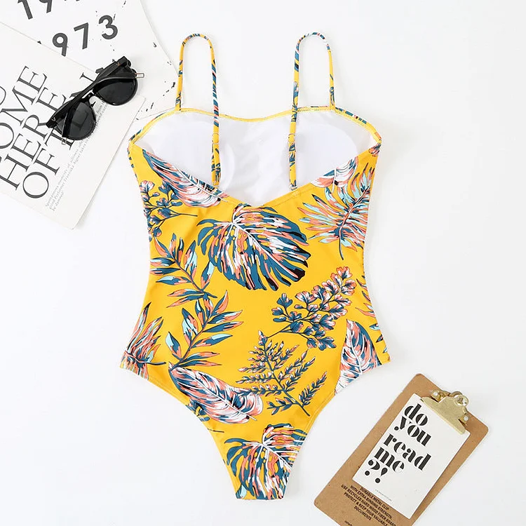 Sexy Jungle Printed Cut Out One Piece Swimsuit and Sarong