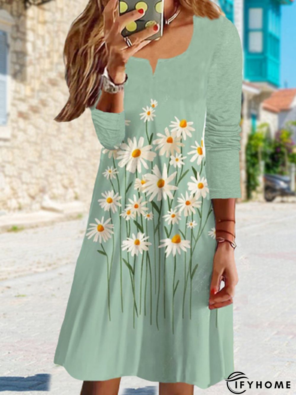 Women's A-Line Loosen Dress Midi Dress Long Sleeve Floral Print Fall Spring U-Neck Casual | IFYHOME