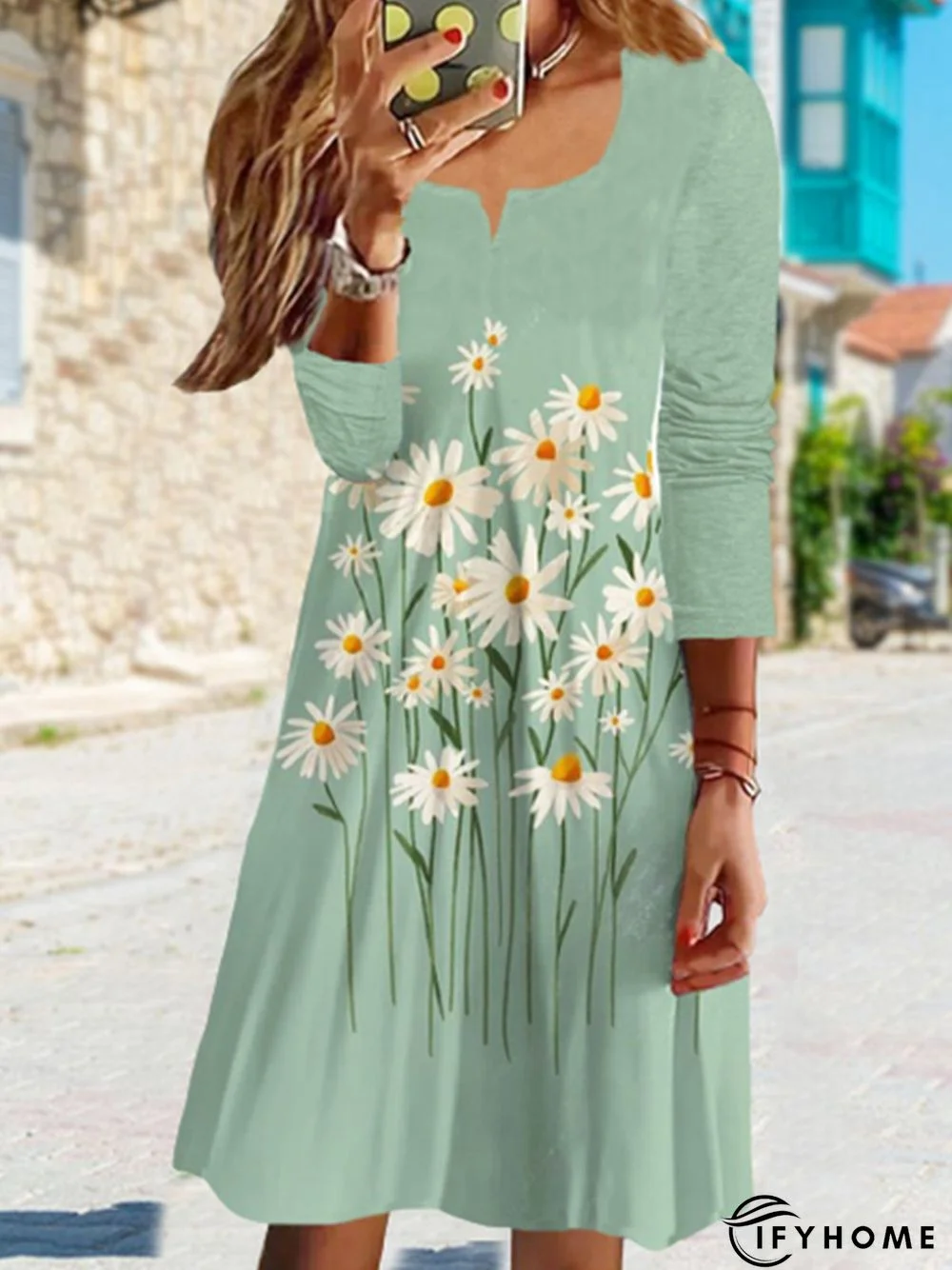 Women's A-Line Loosen Dress Midi Dress Long Sleeve Floral Print Fall Spring U-Neck Casual | IFYHOME