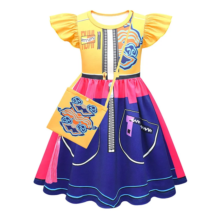 Kids Children KPop Demon Hunters (2025) Huntrix Rumi Printed Yellow Blue Dress Outfits Cosplay Costume