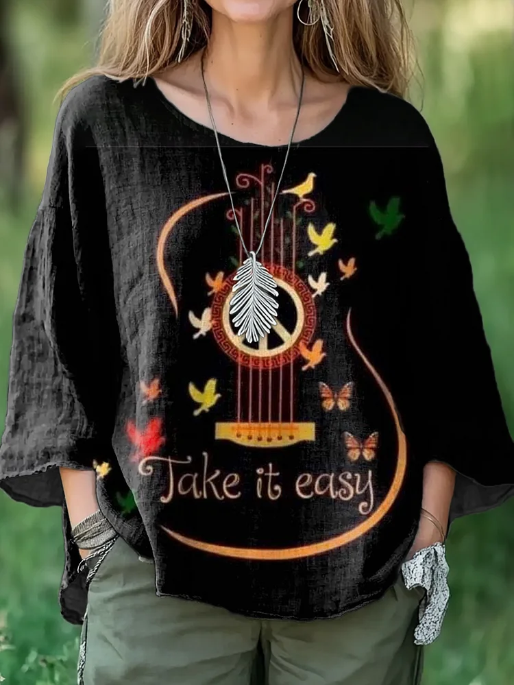 Women's Guitar Butterfly Hippie Pattern Art Print Casual Cotton and Linen Shirt