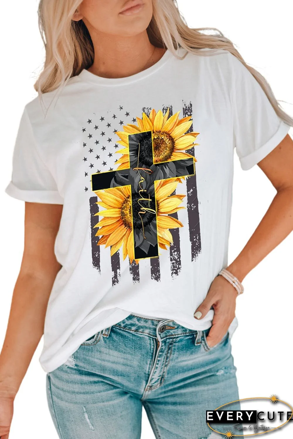 White Sunflower Flag Faith Cross Graphic T Shirt