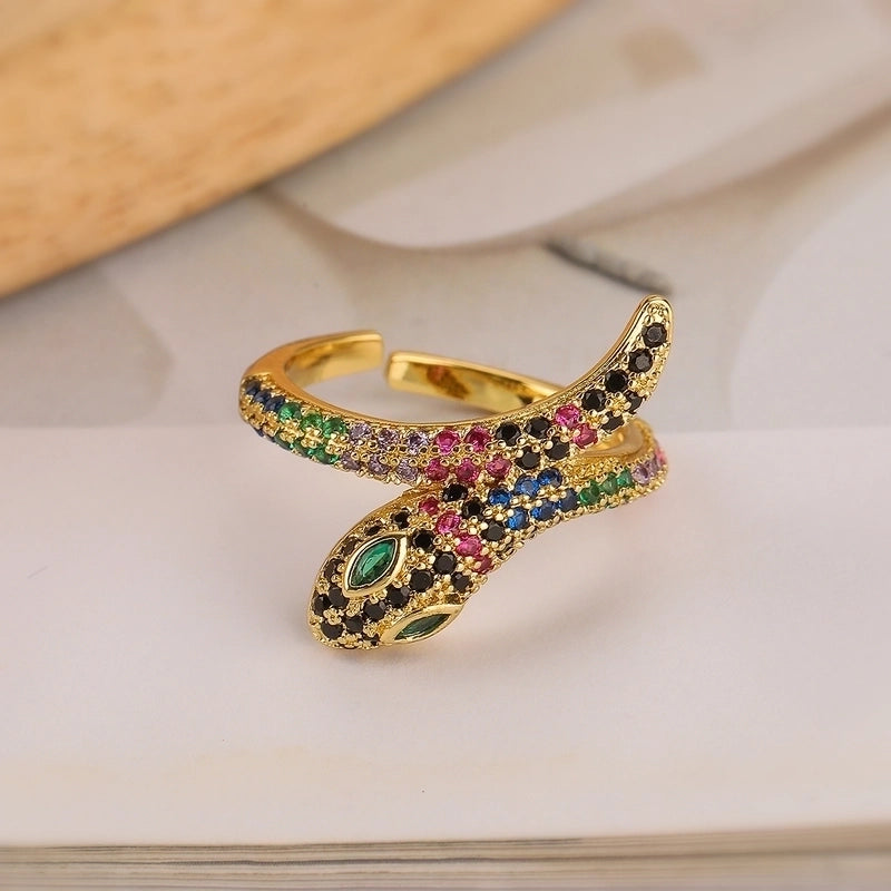 Minimalist Snake Copper Plating Inlay Zircon 18k Gold Plated Open Rings