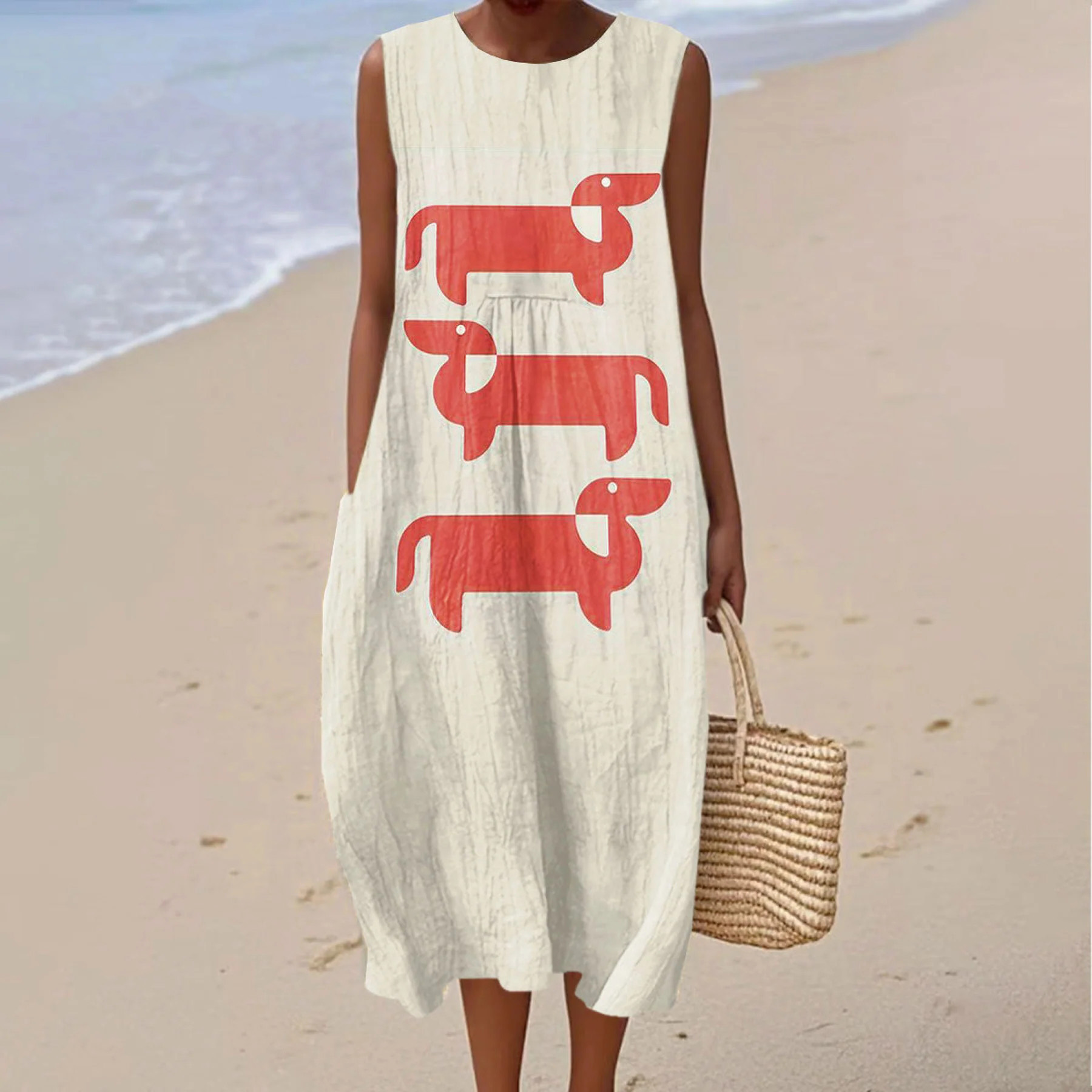 Comstylish Women's Cute Dachshund Art Print Casual Sleeveless Dress