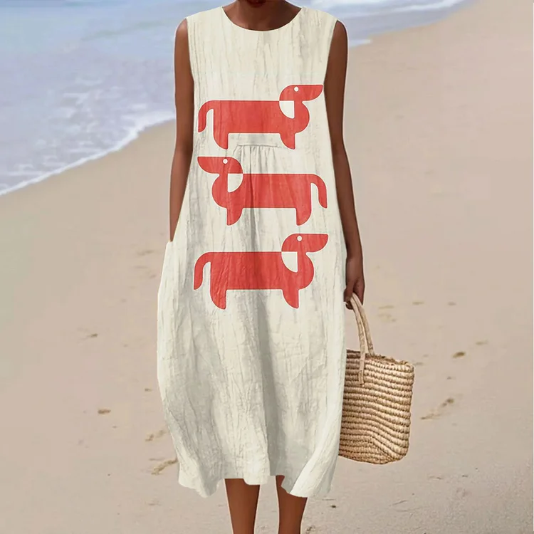 VChics Women's Cute Dachshund Art Print Casual Sleeveless Dress